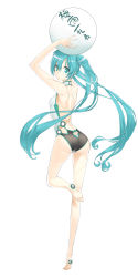 Rule 34 | 1girl, :/, :t, absurdres, aqua eyes, aqua hair, arms up, ass, ball, breasts, butt crack, closed mouth, eyebrows, full body, hair between eyes, halterneck, hatsune miku, highres, holding, holding ball, leg up, long hair, looking at viewer, looking back, nyamada, simple background, small breasts, solo, standing, standing on one leg, translation request, very long hair, vocaloid, white background