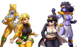Rule 34 | 2girls, abs, armor, banchou, belt, black gloves, black hair, black legwear, black leotard, black nails, blonde hair, blue eyes, bracelet, breasts, cameltoe, cleavage, clenched hands, collarbone, colored skin, covered erect nipples, delinquent, detached leggings, dio brando, eyeliner, fangs, fingerless gloves, fingernails, genderswap, genderswap (mtf), gloves, gluteal fold, green eyes, green headband, grey skin, hands in pockets, hat, headband, heart, helmet, highres, huge breasts, impossible clothes, impossible leotard, jacket, jewelry, jmg, jojo no kimyou na bouken, knee pads, kuujou joutarou, large breasts, leotard, long coat, long hair, makeup, medium hair, midriff, multiple belts, multiple girls, nail polish, navel, open clothes, open jacket, peaked cap, pelvic curtain, popped collar, purple skin, red eyes, sharp fingernails, short hair, shoulder armor, skin tight, stand (jojo), star platinum, stardust crusaders, suspenders hanging, tank top, the world, thick thighs, thigh gap, thighs, toned, vampire, white background, yellow jacket
