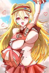 Rule 34 | 1girl, :d, arm up, blonde hair, breasts, clay (nikke), crop top, day, goddess of victory: nikke, hair intakes, hair ornament, hairclip, heart, heart in eye, large breasts, light blush, long hair, navel, open mouth, outdoors, pink eyes, red shirt, red skirt, shirt, skirt, smile, solo, sweat, symbol in eye, twintails, two-tone shirt, two-tone skirt, underboob, visor cap, whistle, whistle around neck, white shirt, white skirt, yuuryuu
