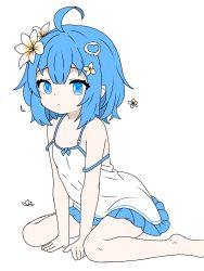 Rule 34 | 1girl, ahoge, bad tag, bare arms, bare shoulders, barefoot, blue eyes, blue hair, closed mouth, dress, fahsai, fahsaipersonalsecretary, flower, hair flower, hair ornament, highres, non-web source, simple background, sitting, solo, strap slip, tagme, wariza, white background