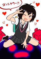 Rule 34 | 1girl, backpack, bag, black hair, black legwear, blush, brown eyes, commentary, heart, highres, looking at viewer, marvel, necktie, one eye closed, open mouth, peni parker, pleated skirt, school uniform, shiromanta, short hair, skirt, smile, solo, sp//dr, spider-man: into the spider-verse, spider-man (series), spider-verse, spread legs, sweater, sweater vest, translated, v