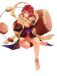 Rule 34 | 1girl, alternate costume, anklet, bad id, bad pixiv id, barefoot, drum, drum set, full body, highres, horikawa raiko, horns, instrument, jewelry, red eyes, red hair, shawl, short hair, simple background, sitting, solo, taiko drum, touhou, towako (10wk0), white background, wrist guards