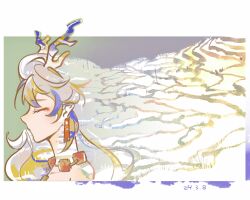 Rule 34 | 1girl, absurdres, arknights, bare shoulders, blonde hair, border, chinese commentary, closed eyes, closed mouth, commentary request, dated, dragon girl, dragon horns, earrings, floating hair, from side, grey hair, highres, horns, jewelry, jingwangang (jiaoer xue ding mao), long hair, multicolored hair, necklace, profile, purple hair, purple horns, shu (arknights), solo, surreal, white border, white horns, yellow horns