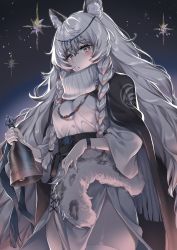Rule 34 | 1girl, animal ear fluff, animal ears, arknights, bead necklace, beads, bell, belt, black belt, black cape, braid, cape, commentary request, cowboy shot, dress, grey eyes, hajin, head chain, highres, holding, holding bell, jewelry, leopard ears, leopard tail, long hair, necklace, parted lips, partial commentary, pelvic curtain, pramanix (arknights), silver hair, solo, standing, tail, thighs, turtleneck, turtleneck dress, twin braids, white dress