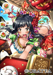 Rule 34 | 1girl, ass, black hair, blush, breasts, cleavage, collarbone, company name, day, decchi oyabun, falling, floral print, food, hair ornament, house, kanzashi, makizushi, mask, medium breasts, momohime ryouran! sengoku asuka, noh mask, oni mask, open mouth, orange eyes, outdoors, outstretched arms, panties, pleated skirt, red skirt, skirt, solo, soybean, sushi, tray, tree, underwear, wardrobe malfunction, watermark, white panties, wooden floor