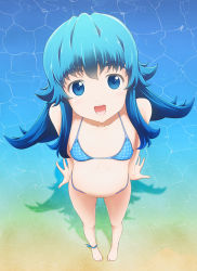 Rule 34 | 10s, 1girl, beach, bikini, blue bikini, blue eyes, blue hair, eyebrows, from above, full body, happinesscharge precure!, long hair, looking at viewer, looking up, matching hair/eyes, open mouth, outdoors, precure, shadow, shirayuki hime, slowpit, solo, standing, swimsuit, water