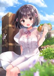 Rule 34 | 1girl, arm up, black hair, blurry, blurry foreground, blush, breasts, brown eyes, cloud, cloudy sky, commentary request, day, dress, flower, food, hair flower, hair ornament, highres, holding, holding food, looking at viewer, moe2020, open mouth, original, outdoors, plant, rabbit, sandwich, short hair, short sleeves, sitting, sky, small breasts, solo, suitcase, white dress, yaki mayu