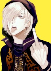 Rule 34 | 10s, 1boy, absurdres, blue eyes, fangs, hair over one eye, highres, hood, hood up, hoodie, jacket, male focus, middle finger, solo, supocon, tongue, tongue out, white hair, yellow background, yuri!!! on ice, yuri plisetsky