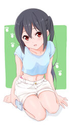 Rule 34 | 1girl, barefoot, black hair, blue skirt, blush, brown eyes, buttons, cellphone, collarbone, commentary request, dresstrip, full body, hair between eyes, holding, holding phone, k-on!, long hair, looking at viewer, nakano azusa, navel, parted lips, phone, shirt, short sleeves, sidelocks, sitting, skirt, smartphone, smile, solo, twintails