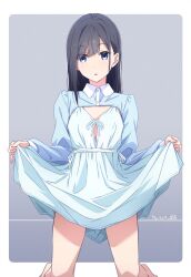 Rule 34 | 1girl, :o, barefoot, black hair, blue dress, blue eyes, blue shirt, breasts, clothes lift, commentary request, dated, dress, dress lift, gradient background, grey background, highres, kneeling, long hair, long sleeves, looking at viewer, monai-chan (nii manabu), nii manabu, original, parted bangs, shirt, signature, small breasts, solo, thighs