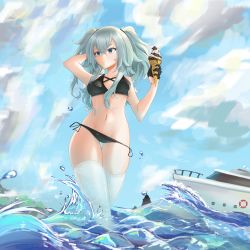 Rule 34 | 1girl, absurdres, alternate costume, aqua hair, arm behind head, bikini, black bikini, black gloves, blue eyes, blue sky, breasts, closed mouth, collarbone, commentary, english commentary, food, girls&#039; frontline, gloves, hair ribbon, highres, holding, holding food, ice cream, lezard18, long hair, looking away, medium breasts, navel, on water, pa-15 (girls&#039; frontline), ribbon, simple background, sky, solo, standing, swimsuit, thighhighs, twintails, white thighhighs