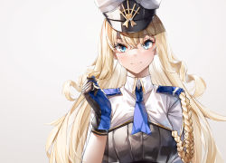 Rule 34 | 1girl, absurdres, alternate uniform, black gloves, blonde hair, blue eyes, blue necktie, breasts, character request, closed mouth, gloves, hand in own hair, hat, highres, long hair, lubikaya, military hat, necktie, smile, solo, uniform, upper body, warship girls r, white background, white hat