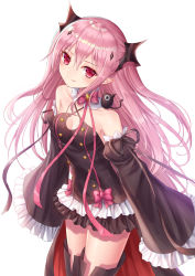 Rule 34 | 1girl, bare shoulders, black dress, black sleeves, black thighhighs, bow, closed mouth, commentary request, criss-cross halter, detached sleeves, dress, fang, fang out, frilled sleeves, frills, hair between eyes, hair ornament, halterneck, highres, juliet sleeves, krul tepes, long hair, long sleeves, looking at viewer, owari no seraph, pink hair, pointy ears, puffy sleeves, red bow, red eyes, revision, seungju lee, simple background, sleeveless, sleeveless dress, sleeves past fingers, sleeves past wrists, smile, solo, thighhighs, very long hair, white background, wide sleeves