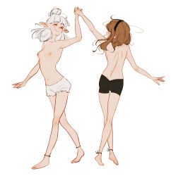 2girls absurdres anklet armpits asimov_(spindle_(aidenr0)) bare_back bare_shoulders barefoot black_hairband black_shorts body_freckles breasts brown_hair closed_mouth collarbone commentary couple dancing elf english_commentary freckles full_body hair_behind_ear hair_bun hairband highres holding_hands jewelry loose_hair_strand medium_breasts medium_hair messy_hair midriff multiple_girls navel nipples original ottilie_(spindle_(aidenr0)) pointy_ears shorts shoulder_blades simple_background single_hair_bun smile soles spindle_(aidenr0) toes topless_female white_background white_hair white_shorts yuri