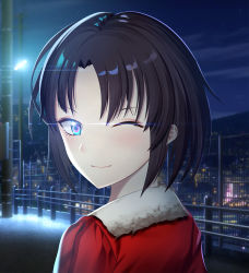 Rule 34 | 1girl, black hair, blue eyes, closed mouth, from behind, highres, jacket, kara no kyoukai, looking at viewer, looking back, night, one eye closed, outdoors, portrait, red jacket, ryougi shiki, short hair, smile, soda smoothies, solo