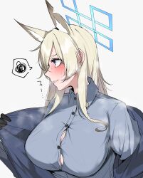 Rule 34 | 1girl, absurdres, animal ears, averting eyes, black jacket, black pantyhose, blonde hair, blue archive, blue eyes, blue halo, blue shirt, blush, breasts, bursting breasts, buttons, collared shirt, commentary request, dress shirt, embarrassed, extra ears, fox ears, full-face blush, hair over one eye, halo, highres, jacket, kanna (blue archive), kshimu, large breasts, looking to the side, nervous sweating, open clothes, open jacket, pantyhose, removing jacket, ringed eyes, sharp teeth, shirt, sidelocks, solo, spoken squiggle, rectangular halo, squiggle, steaming body, sweat, taut clothes, taut shirt, teeth, upper body, very sweaty