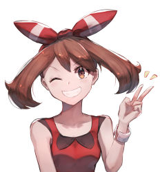 Rule 34 | 1girl, bow hairband, bracelet, breasts, brown eyes, brown hair, collarbone, commentary request, creatures (company), eyelashes, fingernails, game freak, hairband, hand up, highres, jewelry, looking at viewer, may (pokemon), nintendo, odd (hin yari), one eye closed, pokemon, pokemon oras, red hairband, shirt, sleeveless, sleeveless shirt, smile, solo, teeth, upper body, v, white background