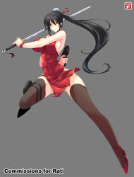Rule 34 | 1girl, bare shoulders, black hair, breasts, bun cover, character request, dual wielding, grey background, gun, haganef, high heels, highres, holding, large breasts, legs, long hair, looking at viewer, orange eyes, ponytail, shoes, sideboob, solo, source request, sword, thighhighs, weapon, wristband