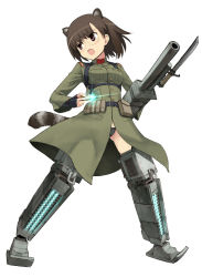 Rule 34 | 1girl, animal ears, armor, bayonet, belt, brown eyes, brown hair, coat, glasses, mecha musume, messy (efuya), military, military uniform, military vehicle, motor vehicle, open mouth, original, panties, simple background, solo, strike witches, tail, tank, type 97 chi-ha, underwear, uniform, vehicle, weapon, world witches series