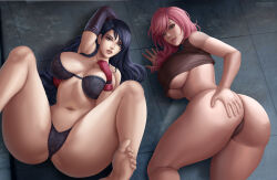 Rule 34 | 2girls, absurdres, ass, black hair, breasts, brown eyes, final fantasy, final fantasy vii, final fantasy xiii, floor, flowerxl, hand on own ass, highres, huge breasts, lightning farron, lingerie, long hair, looking at viewer, lying, multiple girls, pink hair, thighhighs, tifa lockhart, toned, toned female, underwear, video game character