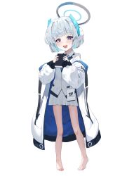 Rule 34 | 1girl, absurdres, aged down, barefoot, blue archive, blue necktie, blush, collared shirt, full body, grey hair, halo, highres, jacket, josal, long sleeves, looking at viewer, mechanical halo, necktie, noa (blue archive), open clothes, open jacket, open mouth, pleated skirt, puffy long sleeves, puffy sleeves, purple eyes, shirt, short hair, simple background, skirt, smile, solo, toes, white background, white jacket, white shirt, white skirt