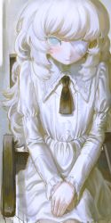Rule 34 | 1girl, absurdres, angel, bandage over one eye, bandages, black necktie, blind, blue eyes, blush, closed mouth, commentary, dress, english commentary, highres, light smile, long hair, looking at viewer, necktie, original, own hands together, rutherforidium, sitting, solo, white dress, white hair