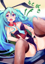 Rule 34 | 1girl, animal ears, aqua hair, blue eyes, blush, breasts, censored, fishnet thighhighs, fishnets, hatsune miku, highres, kamui0226, long hair, necktie, nipples, open mouth, partially visible vulva, pussy juice, rabbit ears, saliva, solo, tears, thighhighs, twintails, very long hair, vocaloid