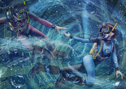 Rule 34 | 1boy, 1girl, belt, black bodysuit, black hair, blue bodysuit, blue theme, bob cut, bodysuit, boots, brown hair, bubble, diving mask, diving suit, goggles, goggles on eyes, grabbing, hanging on, hose, imminent hand holding, original, reaching, reaching towards viewer, red bodysuit, science fiction, scuba, scuba gear, scuba tank, short hair, smoking pipe, snorkel, swimming, two-tone bodysuit, underwater, unno hotaru, wetsuit, worried