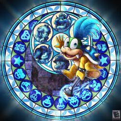 Rule 34 | 1girl, 4boys, amyroser, artist logo, blue eyes, blue hair, bowser, bracelet, crown, dive to the heart, fangs, food, fruit, hat, highres, jewelry, kingdom hearts, larry koopa, looking at viewer, ludwig von koopa, mario, mario (series), multiple boys, nintendo, open mouth, peach, princess peach, spiked bracelet, spiked shell, spikes, stained glass, super mario bros. 3, super smash bros., wand, watermark