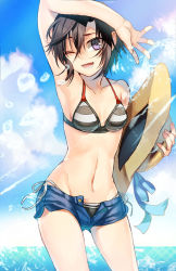 Rule 34 | 1girl, ;d, armpits, bare shoulders, bikini, bikini under clothes, black hair, blue sky, breasts, cloud, cloudy sky, collarbone, contrapposto, day, denim, denim shorts, eyebrows, female focus, groin, hat, idolmaster, idolmaster (classic), kikuchi makoto, legs apart, looking at viewer, navel, ocean, one eye closed, open fly, open mouth, outdoors, purple eyes, short hair, short shorts, shorts, side-tie bikini bottom, sky, small breasts, smile, solo, standing, striped bikini, striped clothes, sun hat, swimsuit, swimsuit under clothes, teeth, tenkuu sphere, water, wink