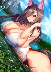 Rule 34 | 1girl, adapted costume, animal ears, blush, breasts, brown hair, closed mouth, day, eyes visible through hair, hair over one eye, highres, hijikawa arashi, huge breasts, imaizumi kagerou, lake, long hair, looking at viewer, lying, on stomach, outdoors, partially submerged, red eyes, smile, solo, swimsuit, tail, touhou, wolf ears, wolf tail