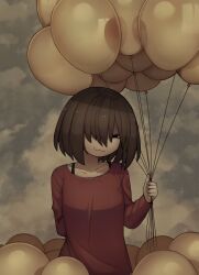 Rule 34 | 1girl, :3, absurdres, arm behind back, balloon, black eyes, bra strap, brown hair, commentary, highres, holding, holding balloon, mafurara, medium hair, original, red shirt, shirt, smile, solo, symbol-only commentary, upper body