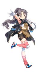Rule 34 | 1girl, bandages, bike shorts, black hair, blush, bracelet, copyright request, formation girls, full body, gloves, hair ornament, hairclip, highres, jacket, jewelry, kamura poku, kanbayashi fuuko, long hair, looking at viewer, military jacket, official art, open mouth, outstretched arm, pentagram, sarashi, solo, star (symbol), thighhighs, torn clothes, transparent background, white gloves