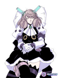 Rule 34 | 1girl, ada lovelace, android, black dress, brown hair, crossed legs, dress, gloves, juliet sleeves, kikuchi michitaka, long sleeves, medium hair, official art, own hands together, parted lips, pillow, puffy sleeves, simple background, sleeping, solo, taiyoukei sf bouken taizen supeope!, thigh strap, thighhighs, white background, white gloves