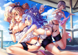 Rule 34 | 3girls, alfimi, andy h, apron, ass, banpresto, bikini, black panties, blonde hair, blue eyes, blue hair, bow, bow panties, grabbing another&#039;s breast, breasts, cameltoe, clothes pull, cloud, cloudy sky, cup, day, excellen browning, grabbing, high heels, hug, large breasts, bridal garter, long hair, maid headdress, multiple girls, navel, nearly naked apron, nipples, open mouth, panties, ponytail, red eyes, seolla schweizer, shoes, short hair, side-tie panties, sideboob, silver hair, skirt, skirt pull, sky, super robot wars, super robot wars original generation, swimsuit, tray, twintails, underwear, wet, white panties, yuri