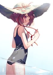 Rule 34 | 1girl, asahikawa hiyori, ass, brown hair, cowboy shot, dutch angle, flat ass, flat chest, from side, hat, looking at viewer, one-piece swimsuit, original, parted lips, partially submerged, pink eyes, profile, short hair, solo, straw hat, swimsuit, thighs, wading