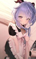 Rule 34 | 1girl, absurdres, apron, bed, bell, blue hair, blush, breasts, coffee cup, cup, curtains, disposable cup, ganyu (genshin impact), genshin impact, gloves, highres, horns, indoors, klakmon, long hair, looking at viewer, lying, maid, maid apron, medium breasts, neck bell, on side, purple eyes, sidelocks, solo, tray, white gloves