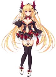 Rule 34 | 1girl, absurdres, black bow, black ribbon, black skirt, black sleeves, black thighhighs, blonde hair, bow, breasts, cleavage, closed mouth, detached collar, detached sleeves, diadem, dragon horns, drapri guu-ta-life 2, floating hair, full body, game cg, hair between eyes, hair bow, hair ribbon, haru (drapri guu-ta-life), highres, horns, large breasts, layered skirt, long hair, long sleeves, looking at viewer, midriff, miniskirt, multicolored clothes, multicolored skirt, navel, neck ribbon, pleated skirt, red eyes, red horns, red ribbon, red skirt, ribbon, skirt, smile, solo, stomach, striped, striped bow, tachi-e, takano yuki (allegro mistic), thighhighs, transparent background, very long hair, white bow, white footwear, white skirt, wide sleeves, zettai ryouiki
