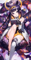 Rule 34 | 1girl, ao-chan (ninomae ina&#039;nis), bare shoulders, bird, black dress, black gloves, blue eyes, blunt bangs, blush, book, chibi, chick, commentary request, detached sleeves, dog, dress, fur collar, ghost, gloves, halo, highres, holding, holding book, hololive, hololive english, knee up, long hair, looking at viewer, low wings, mascot, mika pikazo, mole, mole under eye, monster girl, ninomae ina&#039;nis, ninomae ina&#039;nis (1st costume), octopus, open mouth, pointy ears, purple hair, shark, single detached sleeve, single thighhigh, sitting, smile, solo, strapless, takodachi (ninomae ina&#039;nis), tentacle hair, tentacles, thighhighs, tiara, virtual youtuber, white thighhighs, wings