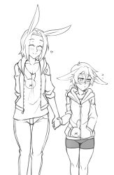 Rule 34 | 2girls, ^ ^, animal ears, arm behind back, bike shorts, blush, closed eyes, collarbone, embarrassed, closed eyes, flying sweatdrops, gluteal fold, greyscale, hand in pocket, heart, height difference, holding hands, hood, hooded jacket, jacket, long hair, looking away, low ponytail, monochrome, multiple girls, open clothes, open jacket, original, pants, pout, rabbit ears, short hair, smile, thigh gap, twrlare, yuri