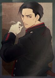 Rule 34 | 1boy, black eyes, black hair, cigarette, code zero uniform, dated, from behind, gloves, hair slicked back, highres, holding, holding cigarette, looking at viewer, looking back, maede yoshinbu, makoto1009, male focus, mars red, mature male, military uniform, short hair, signature, smoking, uniform, v-shaped eyebrows, white gloves