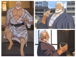 Rule 34 | 1boy, bara, bare pectorals, beard, beckoning, blue eyes, bowl, closed eyes, dark-skinned male, dark skin, eating, facial hair, highres, holding, japanese clothes, jp (street fighter), kimono, large pectorals, long hair, looking at viewer, male focus, mature male, multiple views, muscular, muscular male, mustache, old, old man, open mouth, pectorals, ponytail, sa1k0p, sitting, smile, solo, street fighter, street fighter 6, sweat, tatami, thick eyebrows, thick mustache, veins, white hair, yukata