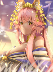 Rule 34 | 1girl, absurdres, animal ear fluff, animal ears, bare shoulders, bell, blue bow, blue kimono, blush, bow, breasts, cleavage, fate/extra, fate/grand order, fate (series), fox ears, fox girl, fox tail, gradient sky, hair between eyes, hair bow, hair ornament, hairpin, highres, japanese clothes, jewelry, jingle bell, kamehito, kimono, large breasts, long hair, looking at viewer, neck ring, off shoulder, official alternate costume, orange sky, pink hair, sidelocks, sky, smile, sunset, tail, tamamo (fate), tamamo no mae (fate/extra), tamamo no mae (third ascension) (fate), twilight, wheat field, yellow eyes