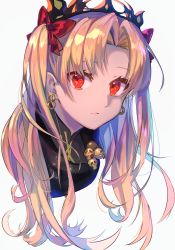 Rule 34 | 1girl, blonde hair, bow, cropped torso, diadem, earrings, ereshkigal (fate), ereshkigal (third ascension) (fate), fate/grand order, fate (series), floating hair, hair bow, highres, hikari50503, jewelry, long hair, looking at viewer, parted lips, portrait, red bow, red eyes, simple background, skull, solo, twintails, white background