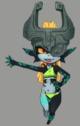 Rule 34 | 1girl, bikini, blonde hair, blue skin, breasts, chi-iz, colored sclera, colored skin, commentary, fang, full body, green bikini, grey background, groin, hand on own hip, helmet, highres, long hair, looking at viewer, midna, multicolored skin, navel, neon trim, nintendo, one eye covered, open mouth, outstretched arm, pointy ears, prehensile hair, red eyes, simple background, skin tight, small breasts, solo, standing, swimsuit, symbol-only commentary, the legend of zelda, the legend of zelda: twilight princess, tongue, tongue out, two-tone skin, yellow sclera