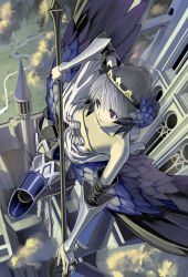 Rule 34 | 1girl, armor, armored dress, bad id, bad pixiv id, castle, crown, dress, flying, from above, gwendolyn (odin sphere), nakabayashi reimei, odin sphere, polearm, pteruges, purple eyes, short hair, silver hair, solo, spear, strapless, strapless dress, tiara, weapon, wings