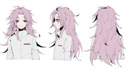 Rule 34 | 1boy, akarennsouko, antenna hair, chinese commentary, closed mouth, colored sclera, commentary request, expressionless, grey sclera, hatsutori hajime, highres, long hair, long sleeves, male focus, multiple views, pink hair, red eyes, saibou shinkyoku, shirt, smile, upper body, white background, white shirt