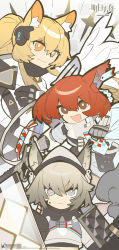 Rule 34 | 3girls, :d, animal ear fluff, animal ears, arknights, armor, artist request, ashlock (arknights), black gloves, blonde hair, brown eyes, brown hair, chinese commentary, company name, copyright name, flametail (arknights), gloves, grey eyes, hair between eyes, hat, headset, highres, holding, holding shield, horse ears, implied extra ears, looking at viewer, material growth, multiple girls, nearl (arknights), nearl the radiant knight (arknights), official alternate costume, official art, open mouth, oripathy lesion (arknights), pegasus wings, ponytail, red hair, shield, smile, squirrel ears, watermark, white headwear, yellow eyes