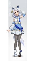 Rule 34 | 1girl, absurdres, animal ears, arm up, armpits, blush, breasts, brown eyes, character name, detached sleeves, full body, grey hair, highres, hishi miracle (umamusume), horse ears, horse tail, medium breasts, medium hair, open mouth, pantyhose, shoes, simple background, solo, standing, tail, tawashi hechima, umamusume, white background