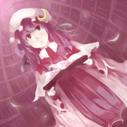 Rule 34 | 1girl, book, bookshelf, bow, crescent, crescent hat ornament, crescent moon, dress, female focus, hair bow, hat, hat ornament, indoors, library, mob cap, moon, open book, patchouli knowledge, reading, ribbon, shelf, sitting, solo, tami (nekoneto), touhou, voile